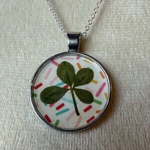 Hand-Crafted Real 4 Four Leaf Clover Pendant w/ Silver Chain #12
